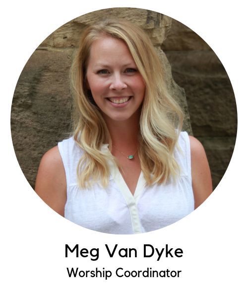 Meg Van Dyke, worship coordinator. White woman with blonde hair wearing a white sleeveless shirt.