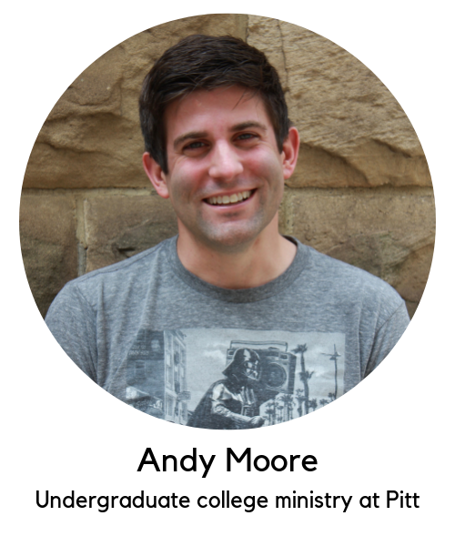 Andy Moore, college ministry at Pitt. White man with dark brown hair, clean shaven, wearing a gray t-shirt.