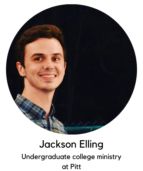 Jackson Elling, college ministry at Pitt. White man with dark brown hair, stubble, wearing a plaid button up shirt.